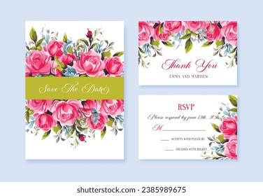 Invitación floral vectorial de bodas, invitación a invitación gracias, tarjeta rsvp diseño de acuarela conjunto: flor de jardín rosa azul lilaca Rosa