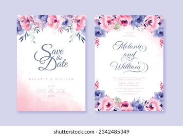 Invitación floral vector de casamiento, guardar el conjunto de diseño de acuarela de la tarjeta de fecha: flor de jardín rosa azul lilaca Rosa