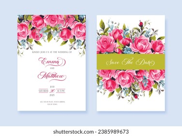 Wedding vector floral invitation and Save The Date cards watercolor design set: garden flower pink and blue Rose flowers.