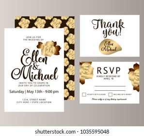 Wedding vector floral invite invitation thank you, rsvp card design set: golden  flowers, brown leaves. Decorative modern layout