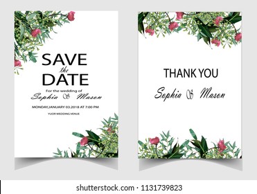 Wedding vector floral invite invitation thank you, rsvp card watercolor design set