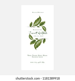 Wedding vector floral invite invitation thank you, rsvp card vector design set: hibiscus flower pink peach Rose white Anemone green leaves elegant greenery & golden glitter. Decorative modern layout