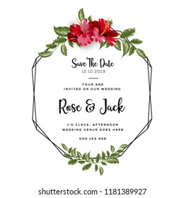 Wedding vector floral invite invitation thank you, rsvp card vector design set: hibiscus flower pink peach Rose white Anemone green leaves elegant greenery & golden glitter. Decorative modern layout