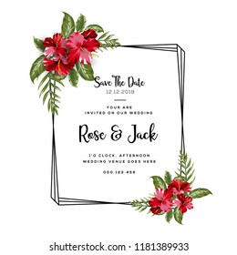 Wedding vector floral invite invitation thank you, rsvp card vector design set: hibiscus flower pink peach Rose white Anemone green leaves elegant greenery & golden glitter. Decorative modern layout