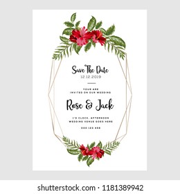 Wedding vector floral invite invitation thank you, rsvp card vector design set: hibiscus flower pink peach Rose white Anemone green leaves elegant greenery & golden glitter. Decorative modern layout