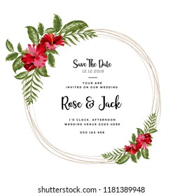 Wedding vector floral invite invitation thank you, rsvp card vector design set: hibiscus flower pink peach Rose white Anemone green leaves elegant greenery & golden glitter. Decorative modern layout