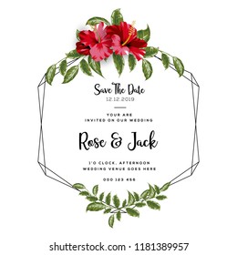 Wedding vector floral invite invitation thank you, rsvp card vector design set: hibiscus flower pink peach Rose white Anemone green leaves elegant greenery & golden glitter. Decorative modern layout