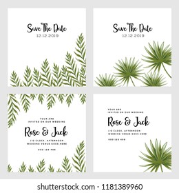 Wedding vector floral invite invitation thank you, rsvp card vector design set: hibiscus flower pink peach Rose white Anemone green leaves elegant greenery & golden glitter. Decorative modern layout