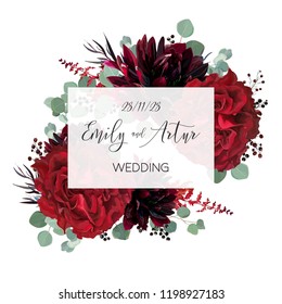 Wedding vector Floral invite, invitation save the date card vector design: garden marsala red rose flower, burgundy wine dahlia, eucalyptus greenery branches, berries. Bohemian classy stylish template