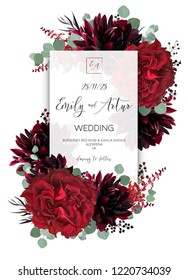 Wedding vector Floral invite, invitation save the date card design. Red vine rose flower, burgundy dahlia, eucalyptus greenery branches & berries boho frame, border. Bohemian stylish layout
