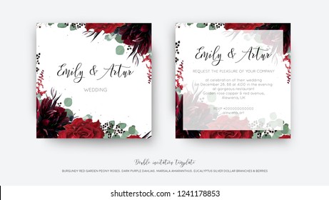 Wedding Vector Floral Invite, Invitation Save The Date Card Design. Watercolor Style Drawn Red Wine Rose Flower, Burgundy Dahlia, Eucalyptus Greenery Branches, Berries Frame, Border. Bohemian Template