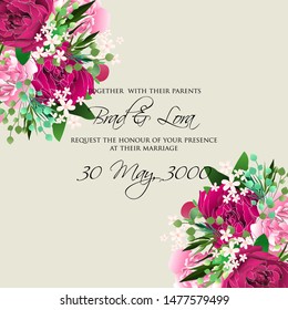 Wedding vector floral invite invitation thank you, rsvp card watercolor design set: garden flower pink peach Rose white Anemone green leaves elegant greenery  peony