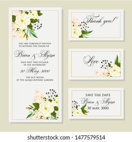 Wedding vector floral invite invitation thank you, rsvp card watercolor design set: garden flower pink peach Rose white Anemone green leaves elegant greenery  peony