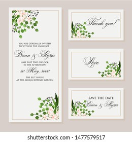 Wedding vector floral invite invitation thank you, rsvp card watercolor design set: garden flower pink peach Rose white Anemone green leaves elegant greenery  peony