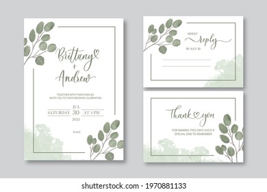 Wedding vector floral invite invitation thank you, reply watercolor design set: eucalyptus green leaves elegant greenery