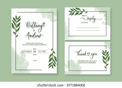 Wedding vector floral invite invitation thank you, reply watercolor design set: green leaves elegant greenery