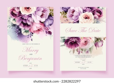 Wedding vector floral invite invitation thank you, rsvp card watercolor design set: garden flower pink peach Roses