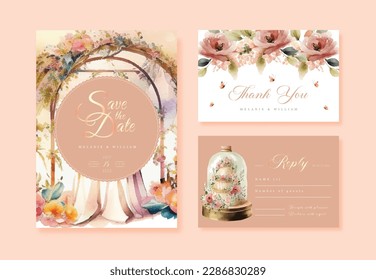 Hochzeits-Vektorgrafik-Einladung Dankeschön, rsvp card Wasserfarben-Design Set: Gartenblume Rosa Rosa Rose