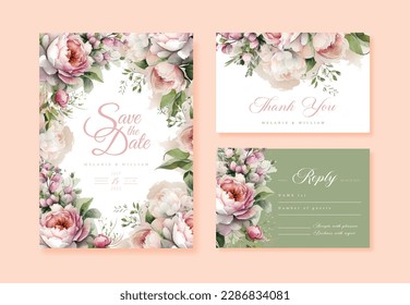 Wedding vector floral invite invitation thank you, rsvp card watercolor design set: garden flower pink peach Rose