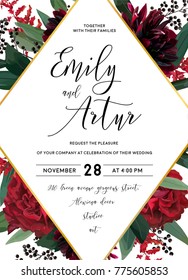 Wedding vector Floral invite, invitation save the date vector card design: garden red burgundy rose flower eucalyptus greenery foliage branches, berries boho stylish and rhombus geometric golden frame