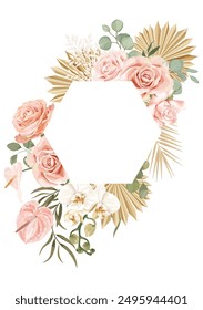 Un marco de Vector de novia en estilo boho con flores: rosas rosadas, orquídeas blancas, hojas de palma secas y ramas. Perfecto para invitaciones y eventos festivos, creando un ambiente bohemio.