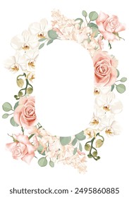 A wedding vector frame with flowers: pink roses, white orchids, and delicate hydrangeas. Perfect for invitations and festive events, creating a romantic and elegant atmosphere.