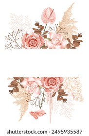 A wedding vector frame with flowers: pink roses, anthurium,  delicate hydrangeas, dried eucalyptus and reed. Perfect for invitations and festive events, creating a romantic, elegant atmosphere.