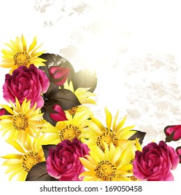 Wedding vector greeting card with roses and yellow  flowers  in vintage style for design