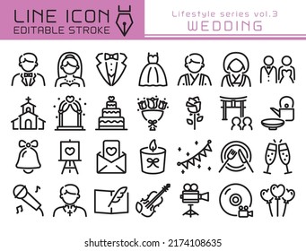 Juego de iconos de vector de casamiento. Icono de línea modificable.