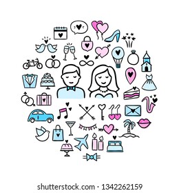 Wedding vector icons in round concept. Hand drawn love illustrations and symbols on white background