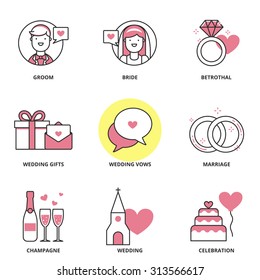 Wedding vector icons set: groom, bride, betrothal, wedding gifts, wedding vows, marriage, champagne, wedding, celebration. Modern line style