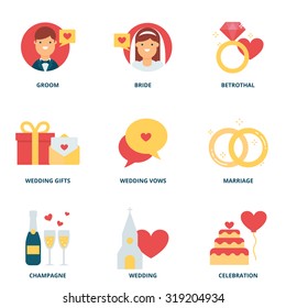 Wedding vector icons set: groom, bride, betrothal, wedding gifts, wedding vows, marriage, champagne, wedding, celebration. Modern line style