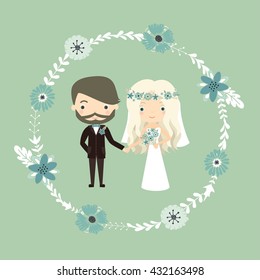 Wedding. Vector illustration  with cute bride and tender flowers and herbs.