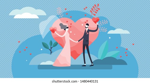 Wedding vector illustration. Flat tiny couple marriage day persons concept. Visualization for engagement, ceremony and romance celebration blog topic. Symbolic wife and husband love promise process.