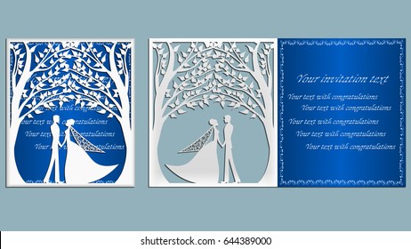 boda. Ilustración vectorial Postal. Tarjeta de invitación y saludo con el novio y la novia debajo de los árboles. Patrón para el corte láser, chico y chica. árboles. 