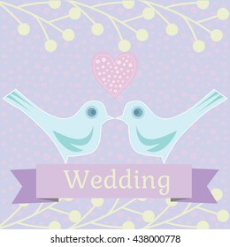 wedding. Vector wedding illustration of two doves sitting on a heart, Wedding doves Love, wedding backgrounds, Cute birds of the world, pigeons