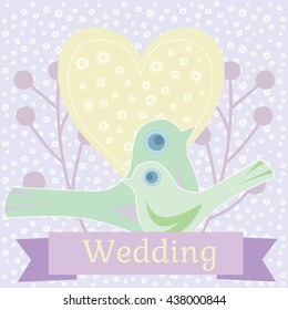 wedding. Vector wedding illustration of two doves sitting on a heart, Wedding doves Love, wedding backgrounds, Cute birds of the world, pigeons