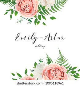 Wedding vector invitation, floral invite card with watercolor style blush pink garden roses, white peony flowers, green eucalyptus, tree leaves, greenery, herbs frame, border. Romantic template design