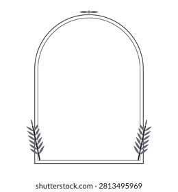 Wedding vector invitation frame on transparent background featuring rounded arch shaped double frame with botanical sprigs and a crown accent, black and white palette, for save the date, rsvp and bridal stationery.