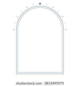 Wedding vector invitation frame on transparent background featuring rounded arch shaped double frame with botanical sprigs and a crown accent, dusty blue palette, for save the date, rsvp and bridal stationery.
