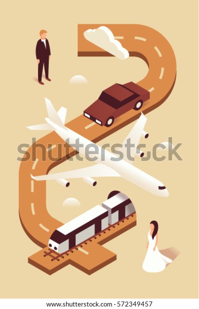 Wedding, vector isometric illustration, 3d icon\
set, brown background, invitation: man, car, plane, train, woman,\
road, cloud