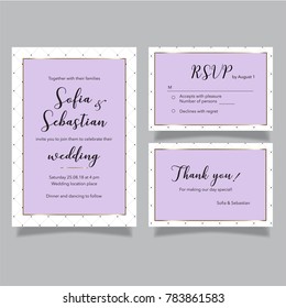 Wedding vector lilac set of invitation card, RSVP card and Thank you card. Wedding collection with calligraphic letters template.