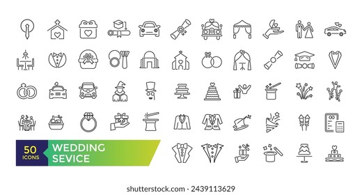 Wedding vector line icon. Party service - catering, birthday cake, balloon decoration, flower delivery, invitation, clown. Thin linear sign of entertainment.