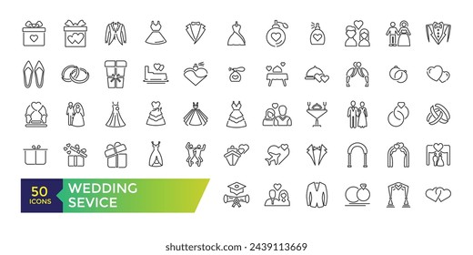 Wedding vector line icon. Party service - catering, birthday cake, balloon decoration, flower delivery, invitation, clown. Thin linear sign of entertainment.