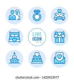 Wedding vector line icons set. Wedding ceremony, diamond ring, bride and groom, marriage, engagement outline symbols. Thin line design. Modern simple stroke graphic elements. Round icons