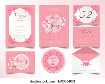 Wedding vector pink thai garland invite invitation thank you, rsvp ,food menu ,table number, card design set.