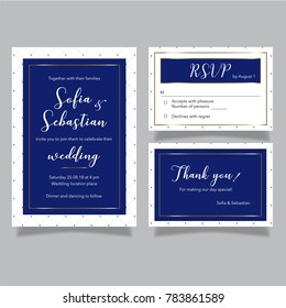 Wedding Vector Royal Blue Set Of Invitation Card, RSVP Card And Thank You Card. Wedding Collection With Calligraphic Letters Template.