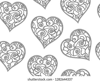 Wedding vector seamless pattern with handwritten ornamental figured hearts