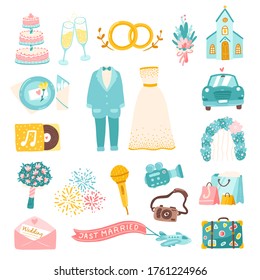 Wedding vector set of cartoon hand-drawn icons. Cute simple illustrations of a wedding dress, costume, flowers and the entire organization of the celebration.