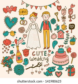 Wedding vector set. Cartoon illustration about marriage. Save the date invitation card with bride and groom, cake, birds, hearts, gifts, champagne, flowers, cute dog.